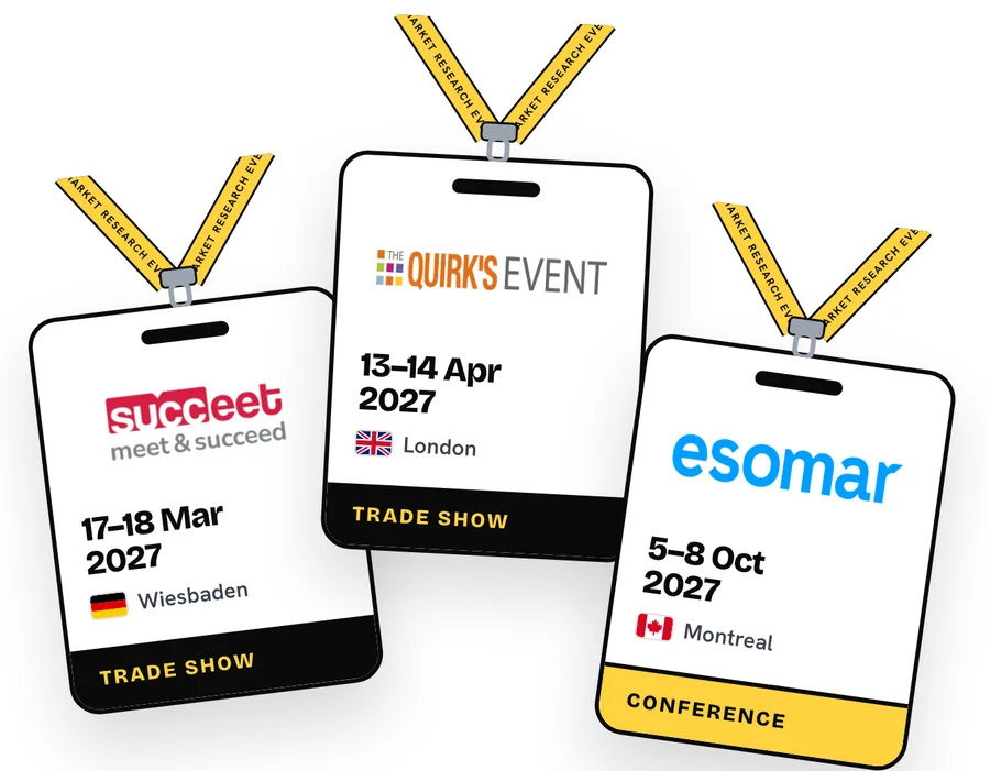 Three event badges: succeet in Wiesbaden, The Quirk's Event in London, the Esomar Congress in Montreal.